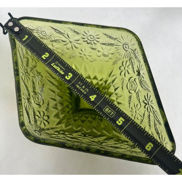 Vtg Indiana Avocado Green Glass Diamond Pedestal Dish Floral Embossed Design - Picture 5 of 7